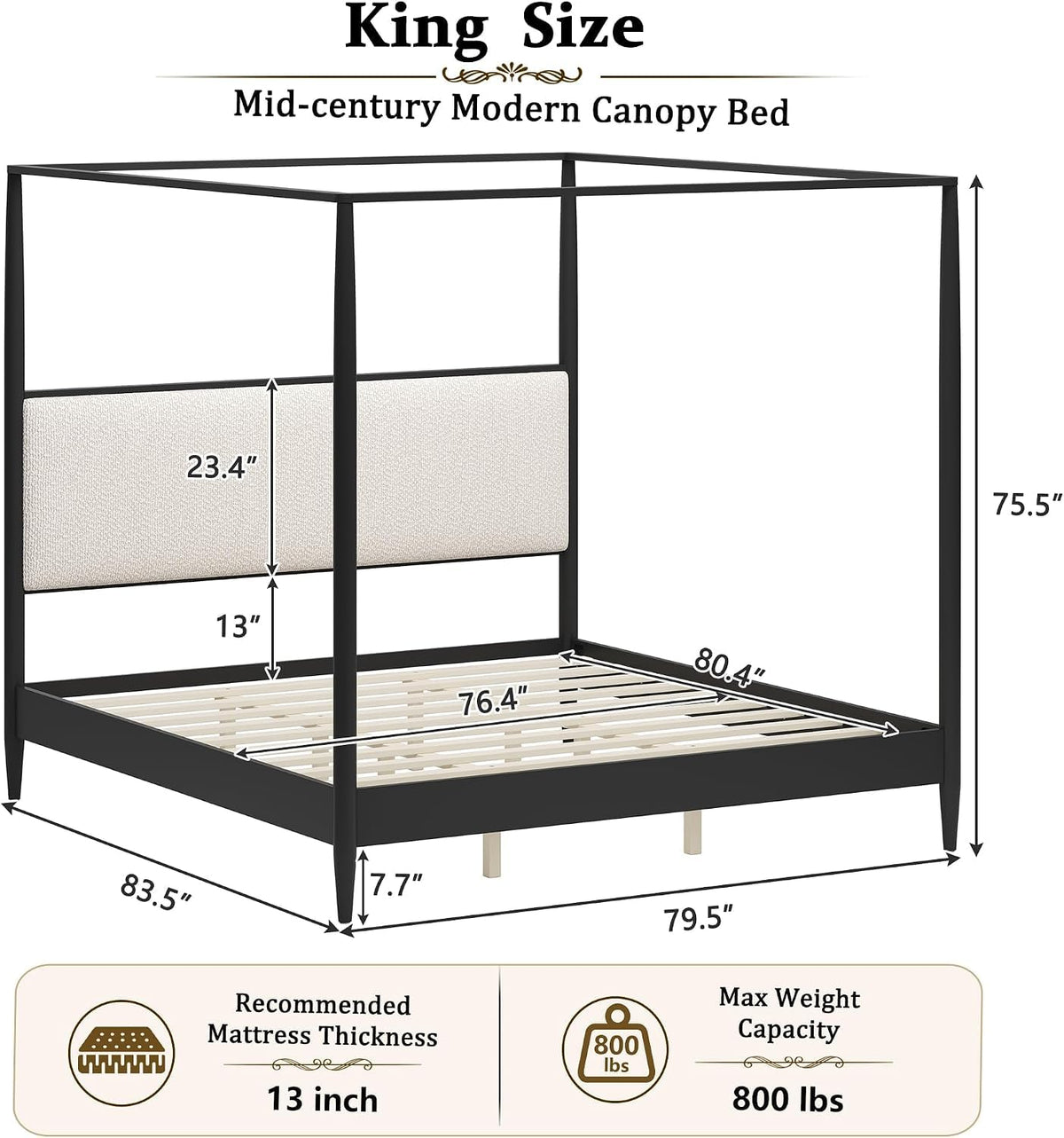 Solid Wood Canopy Bed Frame with Upholstered Headboard