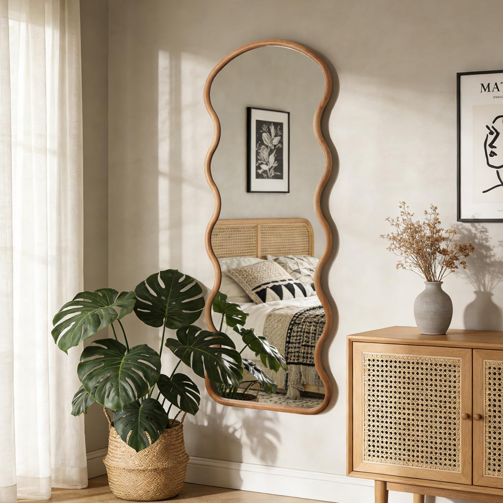 24"x65" Full Length Wood Arched Mirror, Natural Wood Boho Accent Mirror with Wavy Design, Decorative Floor or Wall
