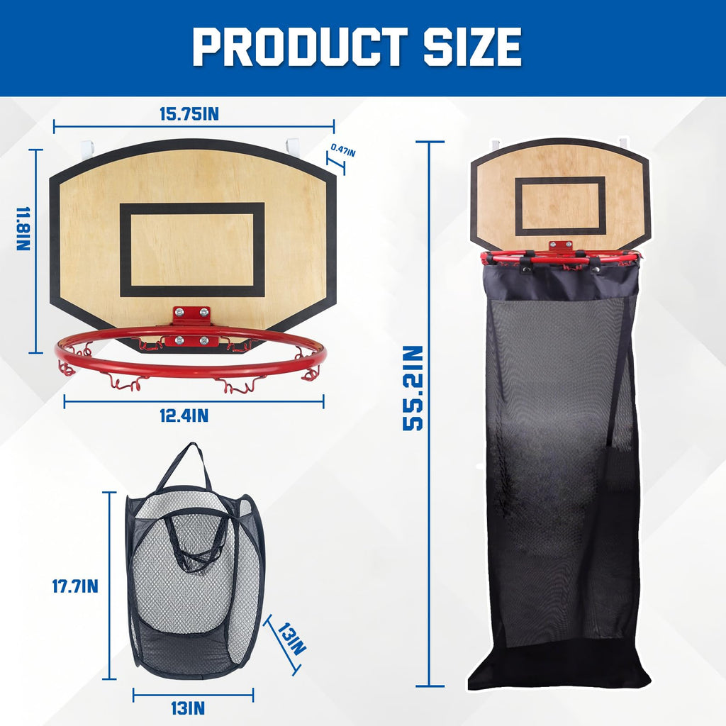 Basketball Laundry Hamper, Over The Door Hoop with Laundry Basket, Sports-Themed Hamper Organizer Set with Backboard