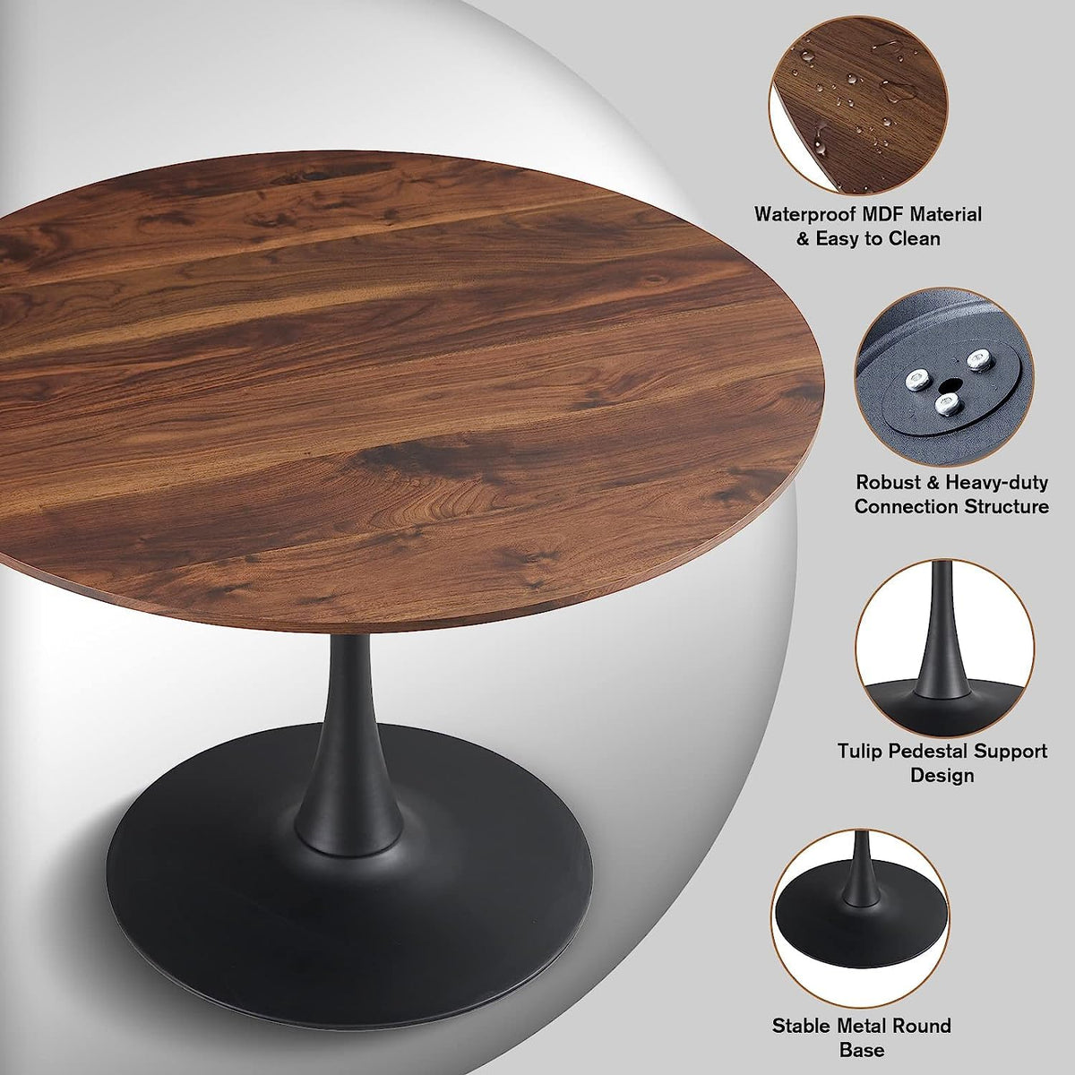 Inspired Saarinen Style 42 Inch Walnut Round Dining Table for 4, Tulip Dining Table with Thickened Tabletop & Sturdy Metal Pedestal, Mid