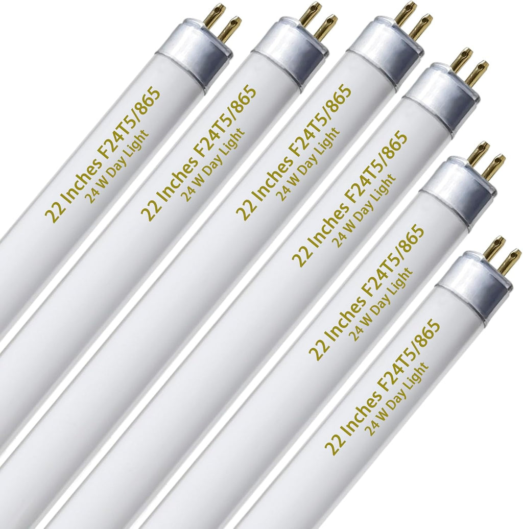 6 Pack 22 Inch T5 Fluorescent Grow Light Bulbs, 24W 6500K Full Spectrum, 2000 Lumens, High Output (HO)