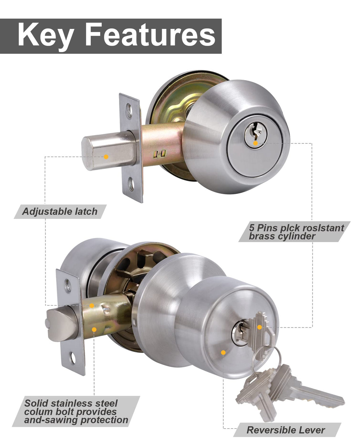 2 Sets Keyed Alike Entry Door Knobs and Single Cylinder Deadbolt Lock Combo Set Security for Entrance and Front Door