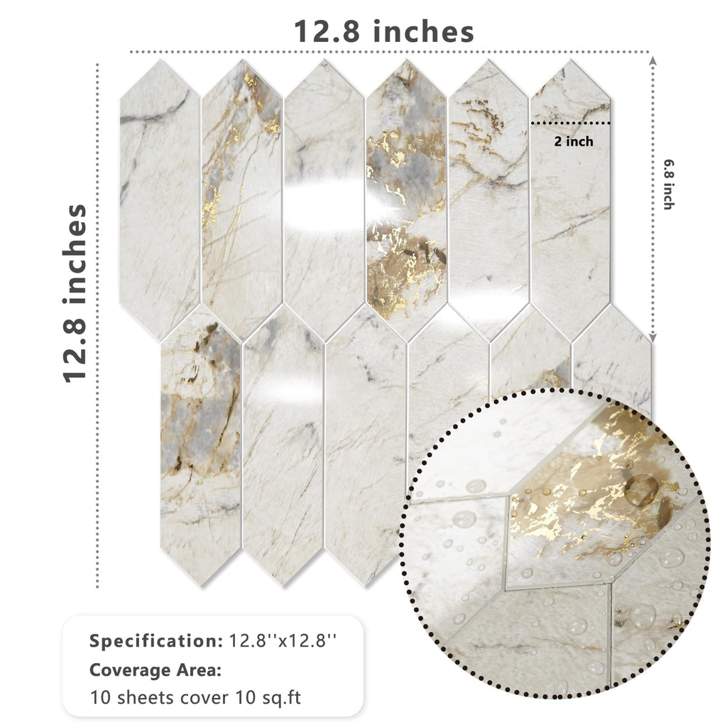 Glossy Pandora Marble with Gold Veining Backsplash Tile Peel and Stick, 12.8 x 12.8 Inch 10 Sheets Long Hexagon PVC