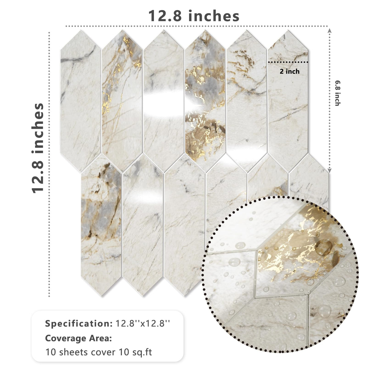 Glossy Pandora Marble with Gold Veining Backsplash Tile Peel and Stick, 12.8 x 12.8 Inch 10 Sheets Long Hexagon PVC