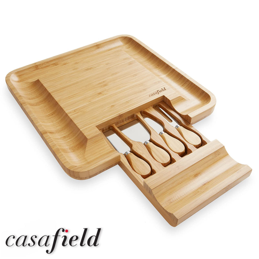 Bamboo Cheese Board and Knife Gift Set, Wooden Charcuterie Board Meat and Cheese Platter for Entertaining