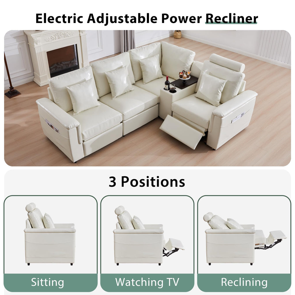 Faux Leather Sectional Sofa, L Shaped, 4 Seater, Beige