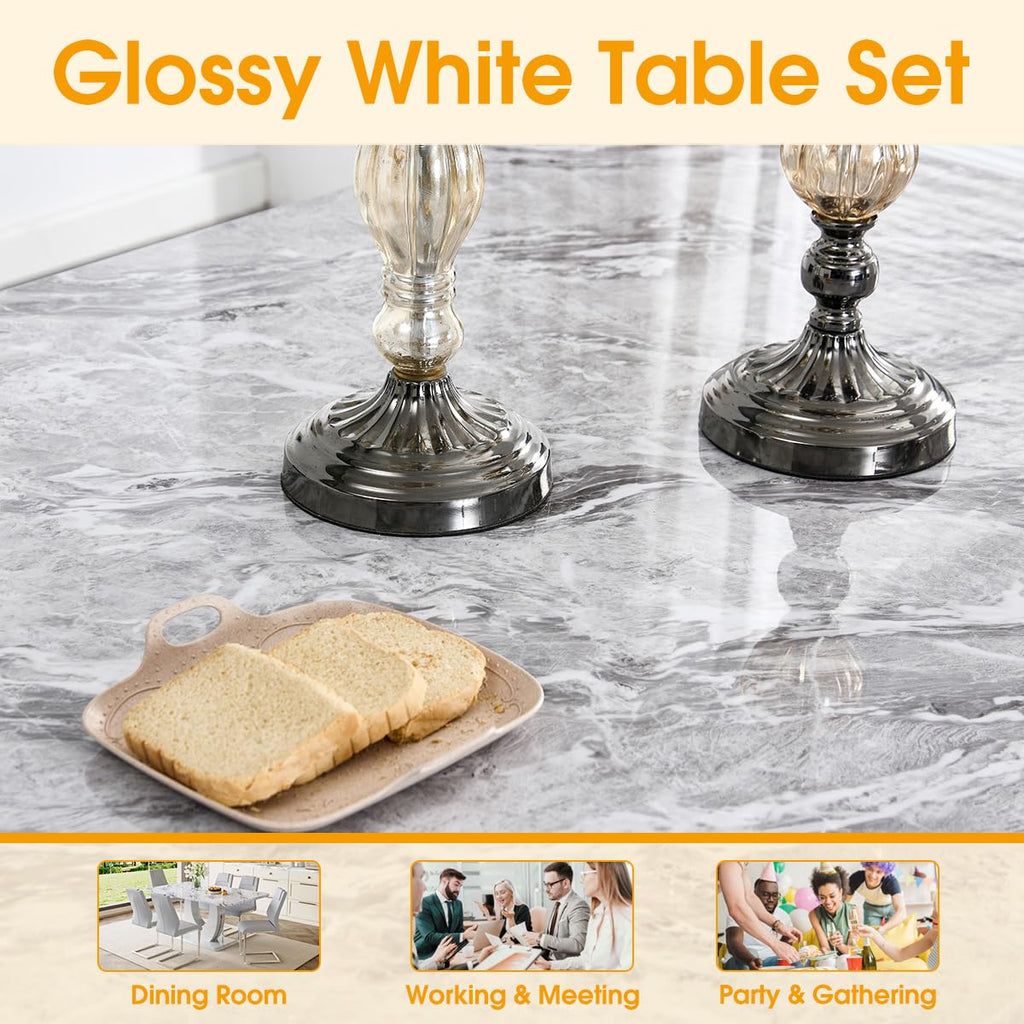 7-Piece Dining Table Set for 6, 63-Inch Faux Marble, Light Grey