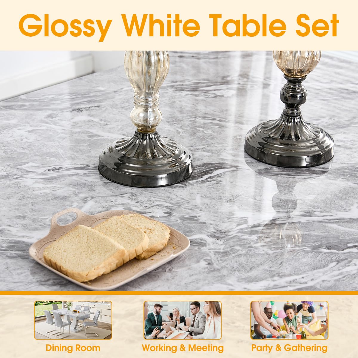 7-Piece Dining Table Set for 6, 63-Inch Faux Marble, Light Grey