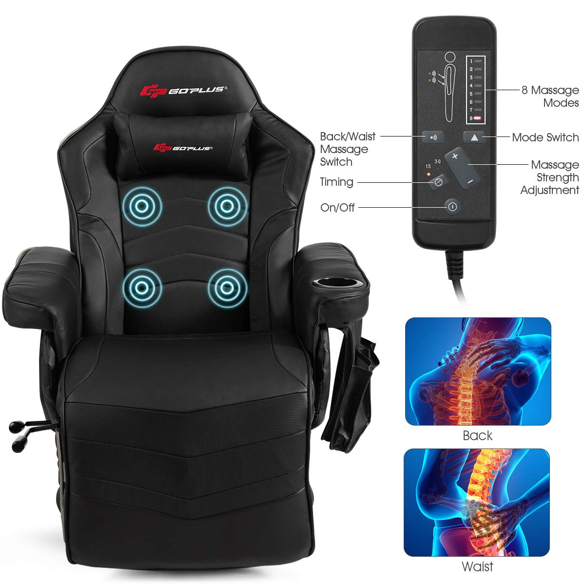 Massage Gaming Chair, Racing Style Gaming Recliner w/Adjustable Backrest and Footrest, Ergonomic High Back PU Leather