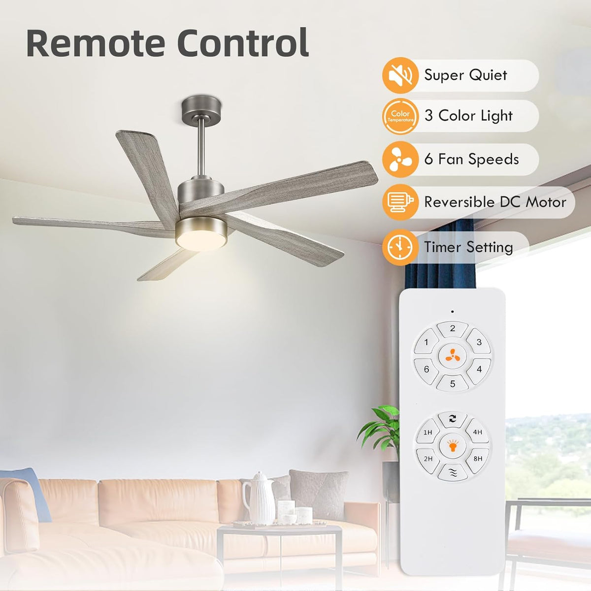 64" ABS DC Ceiling Fan with Lights, 5 Blade ABS Wood Grain Ceiling Fan with Remote, 6-Speed Reversible DC Motor