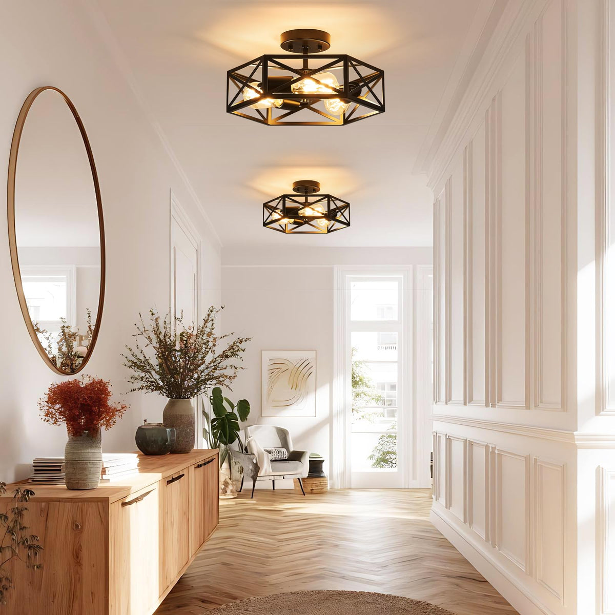 Modern Farmhouse Black Metal Semi Flush Mount Ceiling Light Fixture 14.6 in
