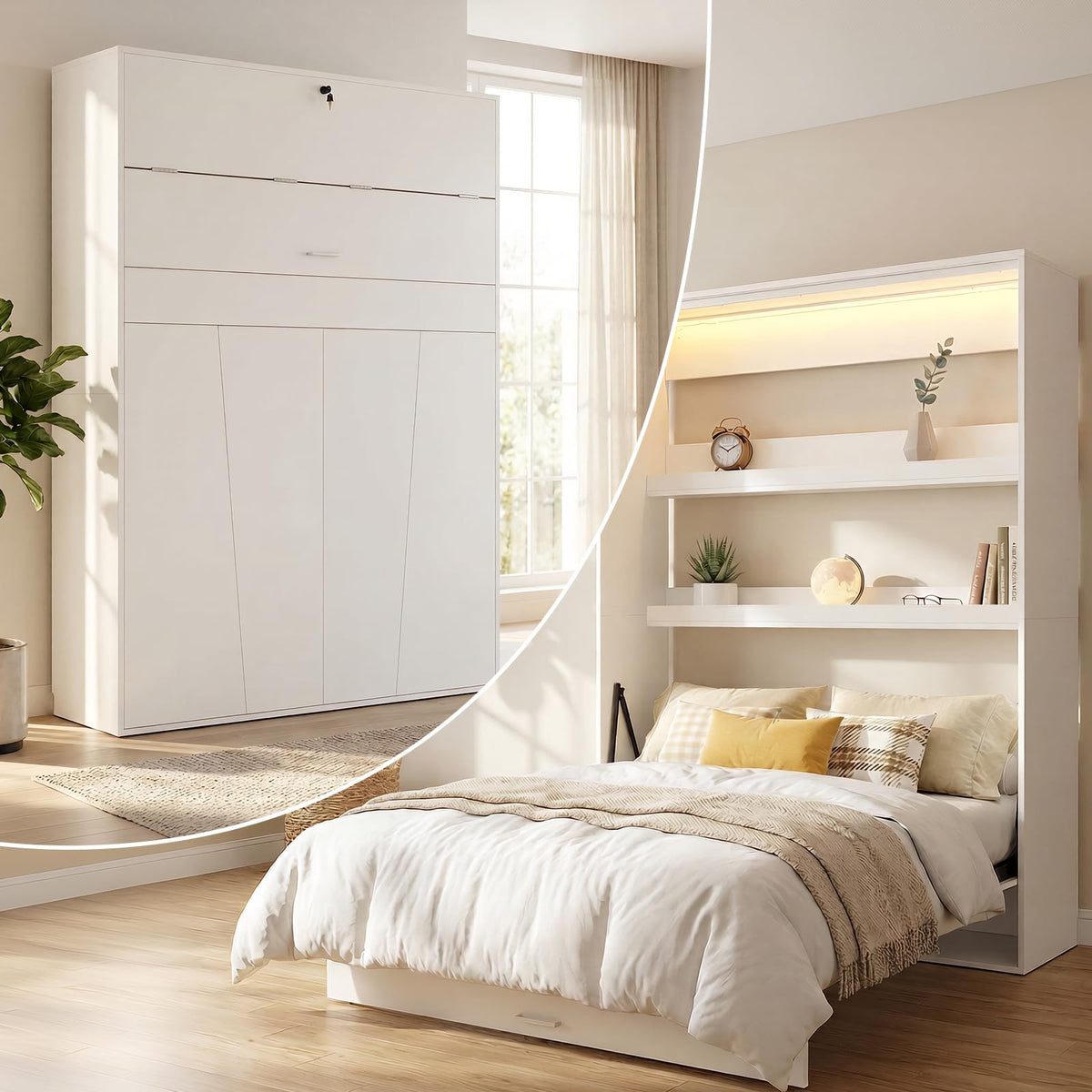 Full Vertical Murphy Bed Wall with Storage&Gas-Lift(Gloss White)