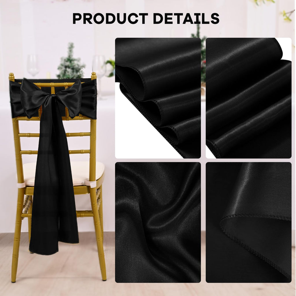Black Satin Chair Straps Bows, 60 PCS 7x108 Inch, Chair Sash