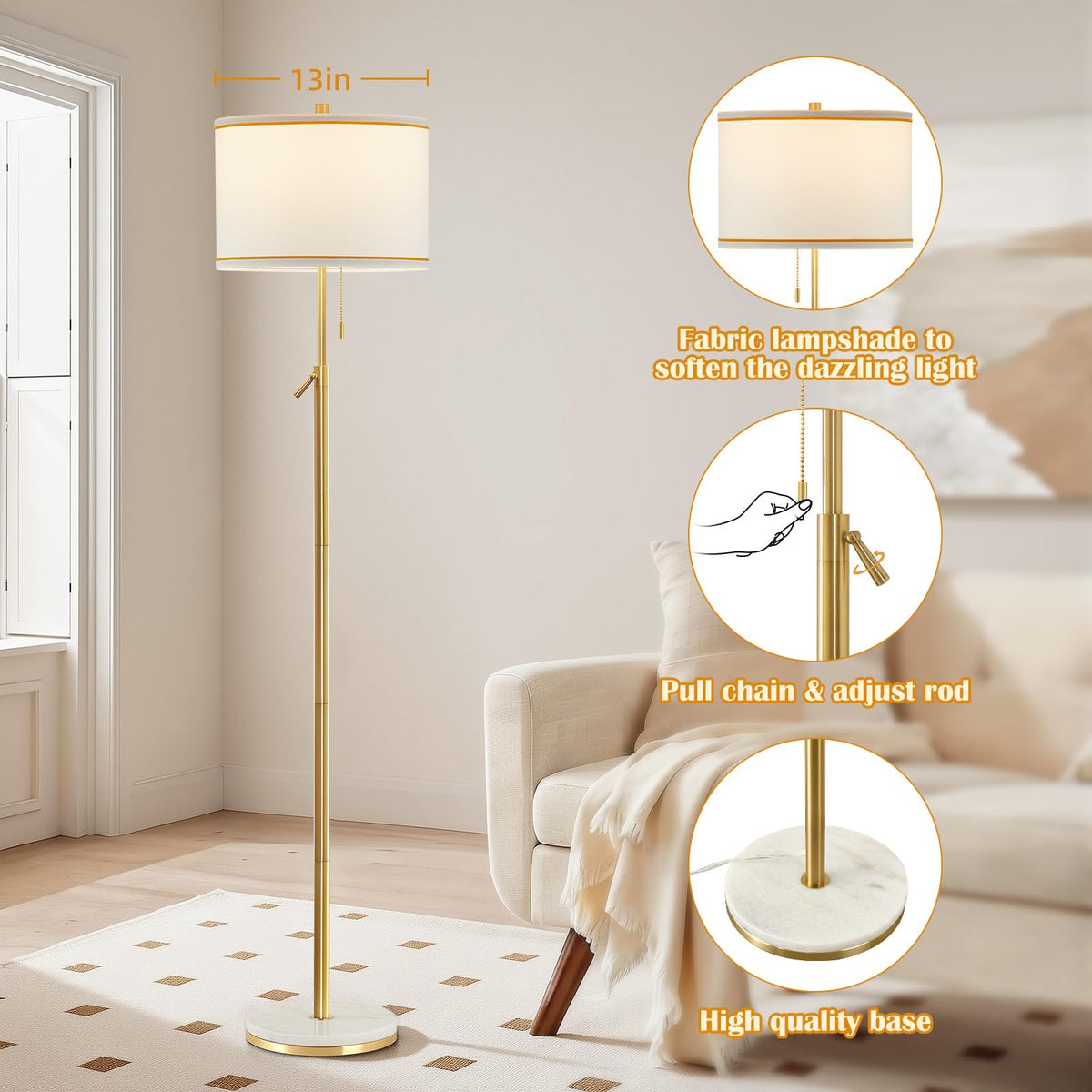 Marble Floor Lamp, Adjustable Height Standing Lamp with Marble Base Tall Lamp with White Shade Floor Lamps Bulbs Not