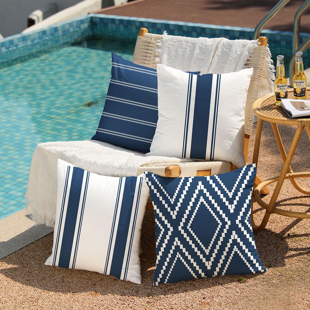 Outdoor Navy Blue Waterproof Geometry Pillow Covers 18x18 Set of 4