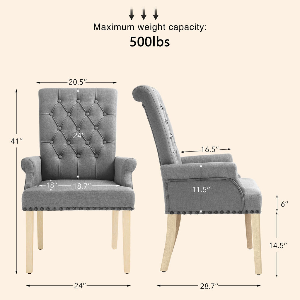 With Arms, Linen High Back Dining Room Chair, Light Grey