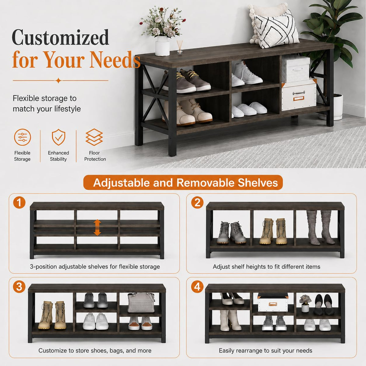Industrial Shoe Bench with Storage, Rustic Entryway Bench