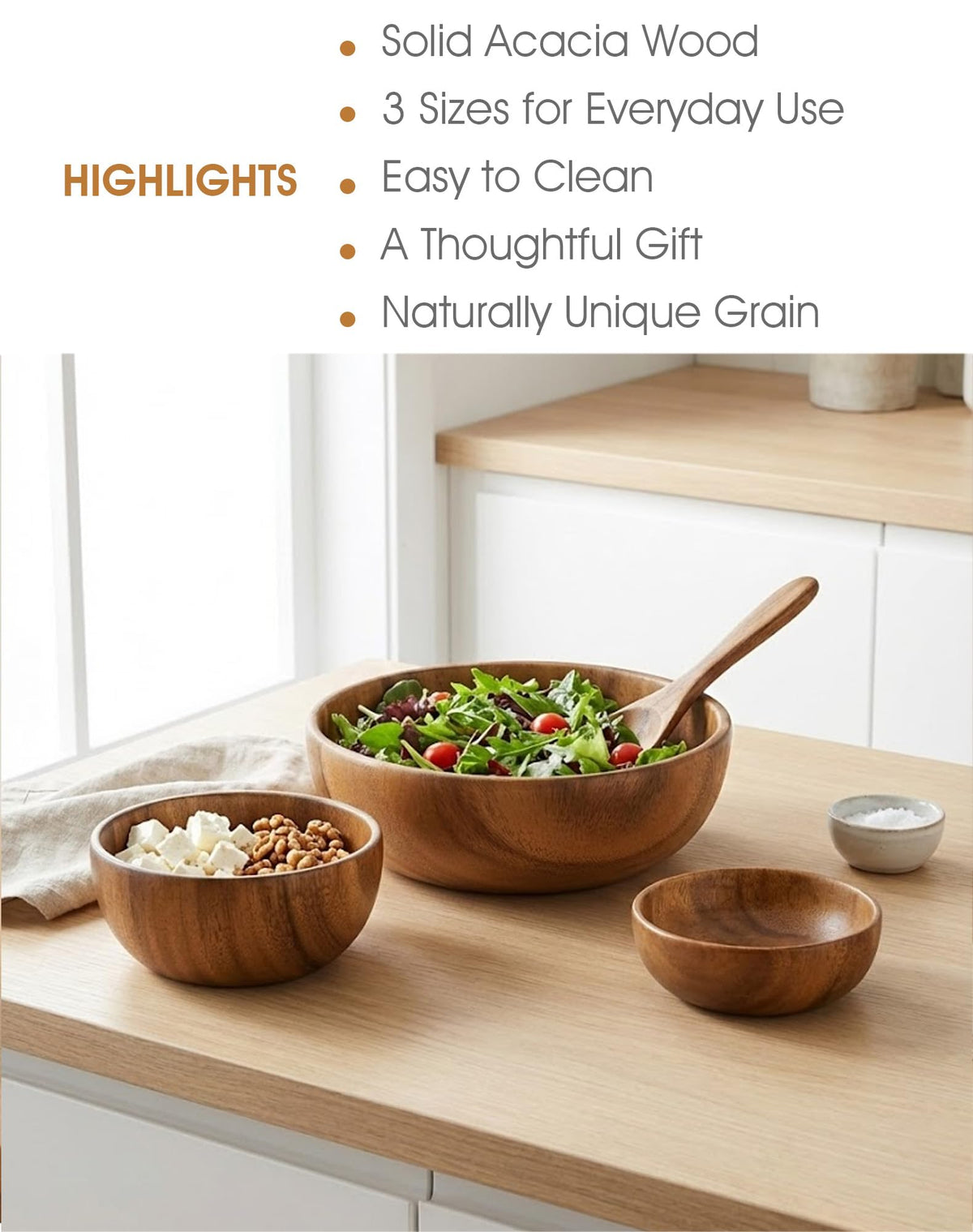 Wooden Salad Bowls Set of 3, Acacia, 5.1, 6.3 & 8.6 Inch