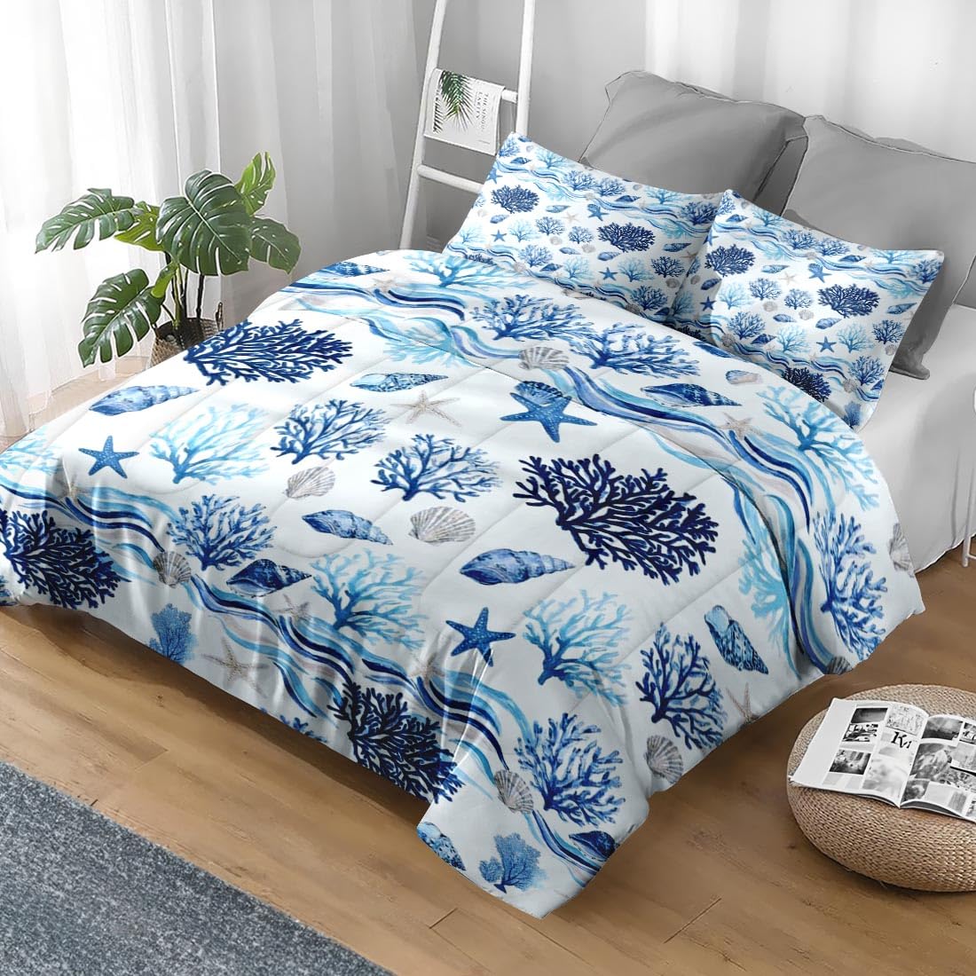 Comforter Set, 3 Pieces Coastal Ocean Bedding, All Season