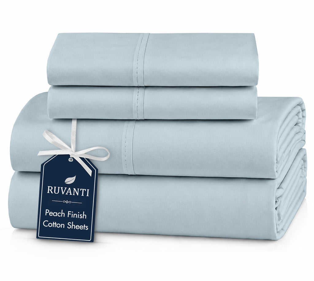 100% Cotton Queen Sheets, Percale Queen Sheet Set, Ice Blue
