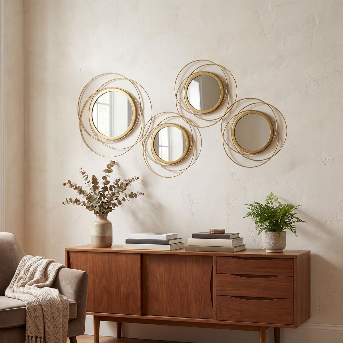 4 Piece Gold Round Wall Mirror Set Modern Metal Circles Decor