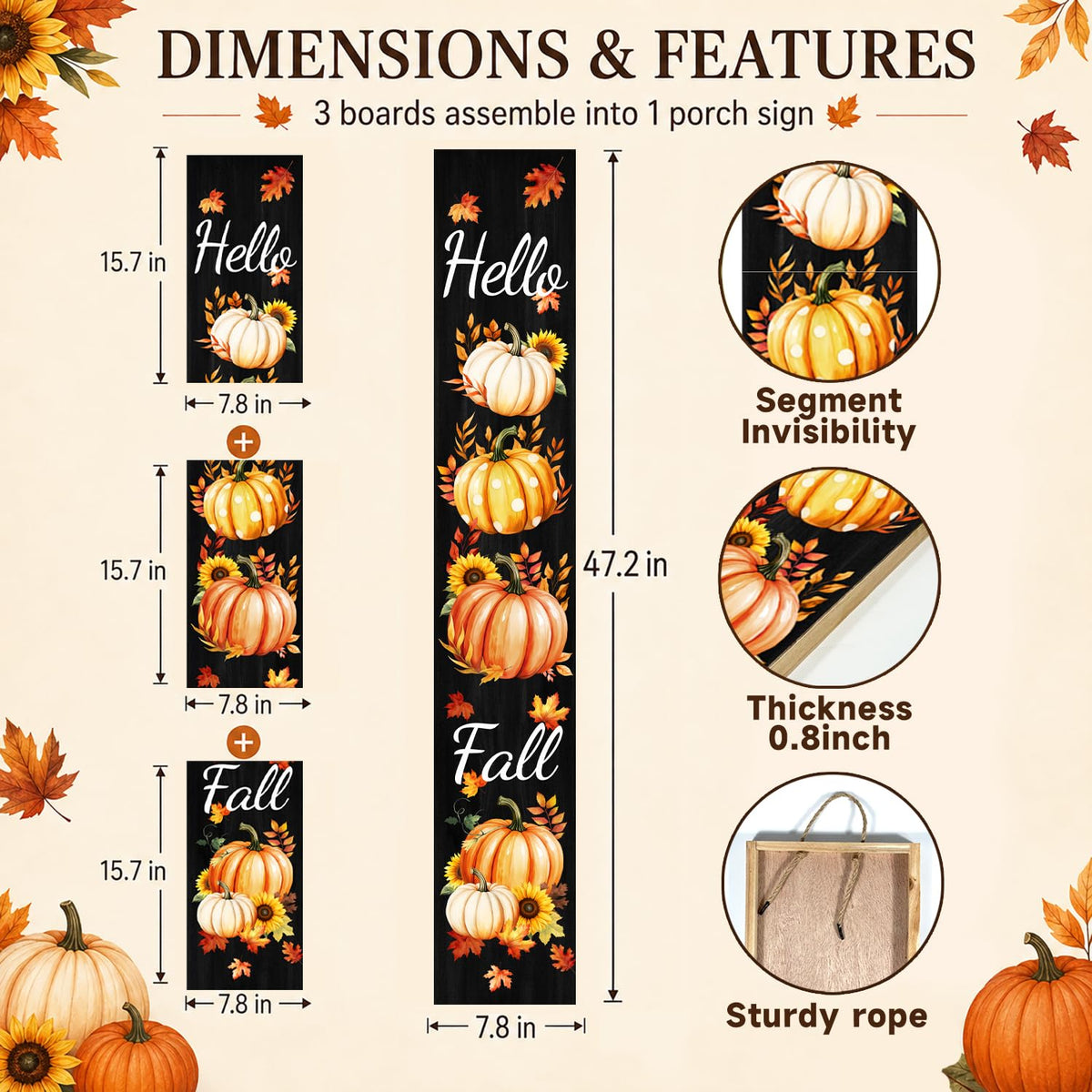 Fall Wooden Porch Sign 47" Pumpkins Maple Leaves Front Door Rustic Standing Large Welcome Porch Sign Front Door Yard
