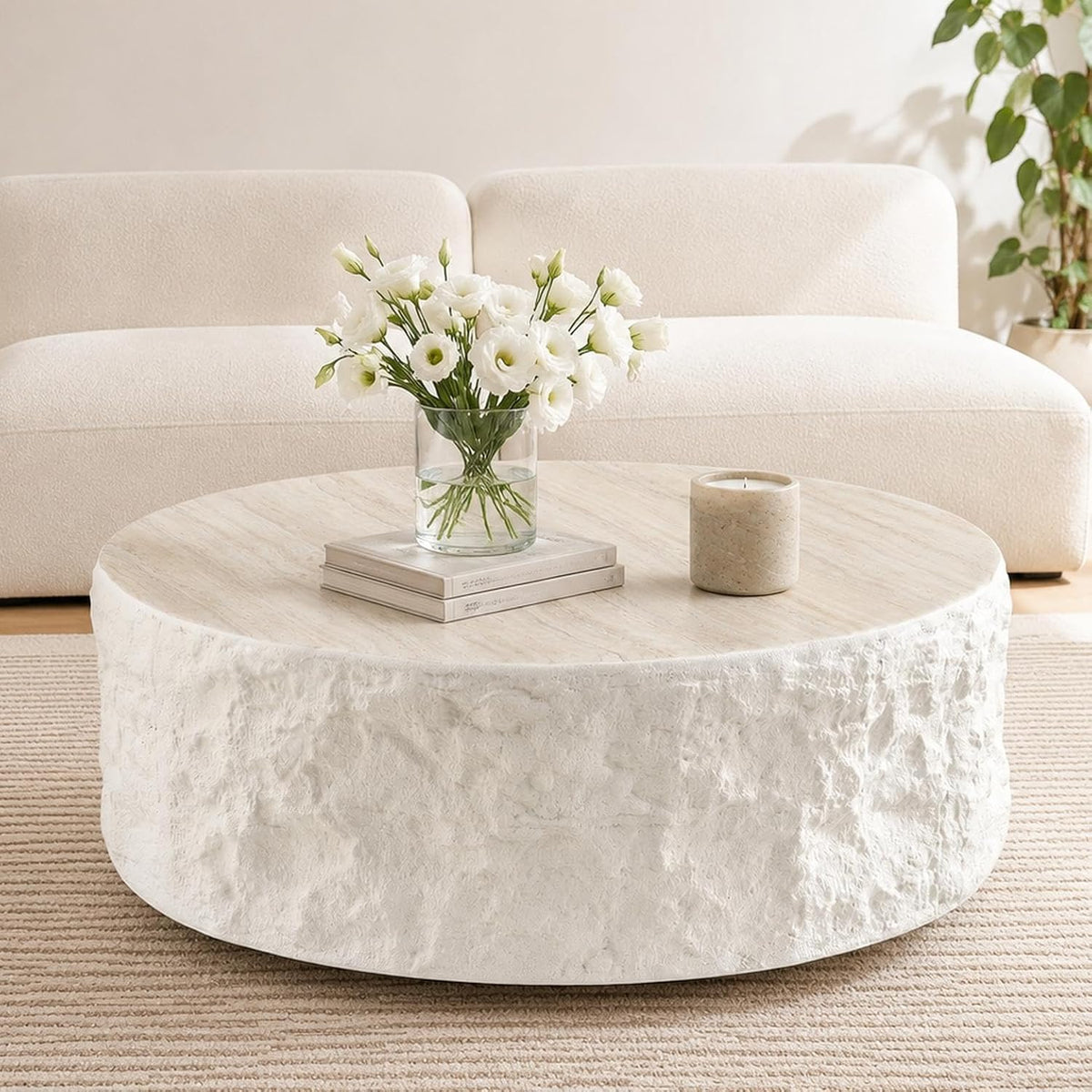 Round Faux Marble Travertine Coffee Table, 35.43 Inches, Modern Drum Style