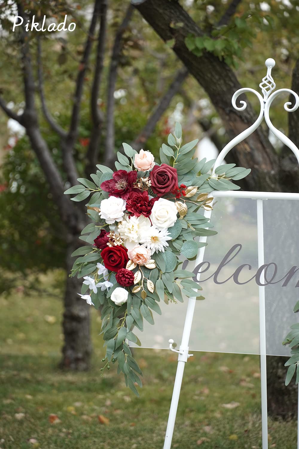 Faux Flower Swag Set of 2 for Wedding Welcome Signs Floral Swag Wedding Reception Ceremony Signs Decor(Burgundy red &
