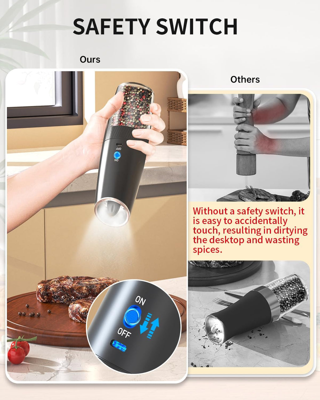 Rechargeable Salt and Pepper Grinder Set Gravity Electric Salt and Pepper Grinder Set, LED Light, Adjustable - Set of 2