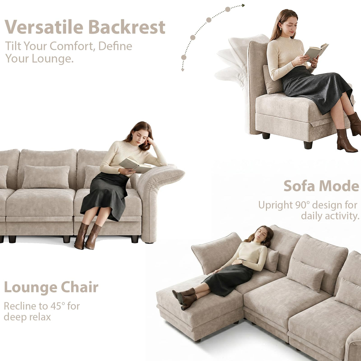 L Shaped Modular Sectional Sofa 7 Seater Sectional Couch with Storage Ottoman, Deep Sectional Sofas with Adjustable