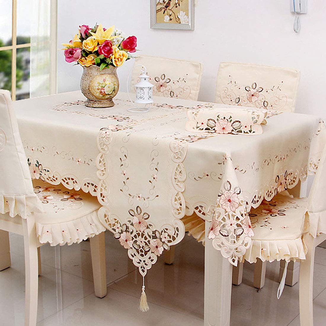 57" X 86" Oblong Beige Flower Embroidered Tablecloth, Vintage Classic Lace Floral Dining Table Cloth Table Cover