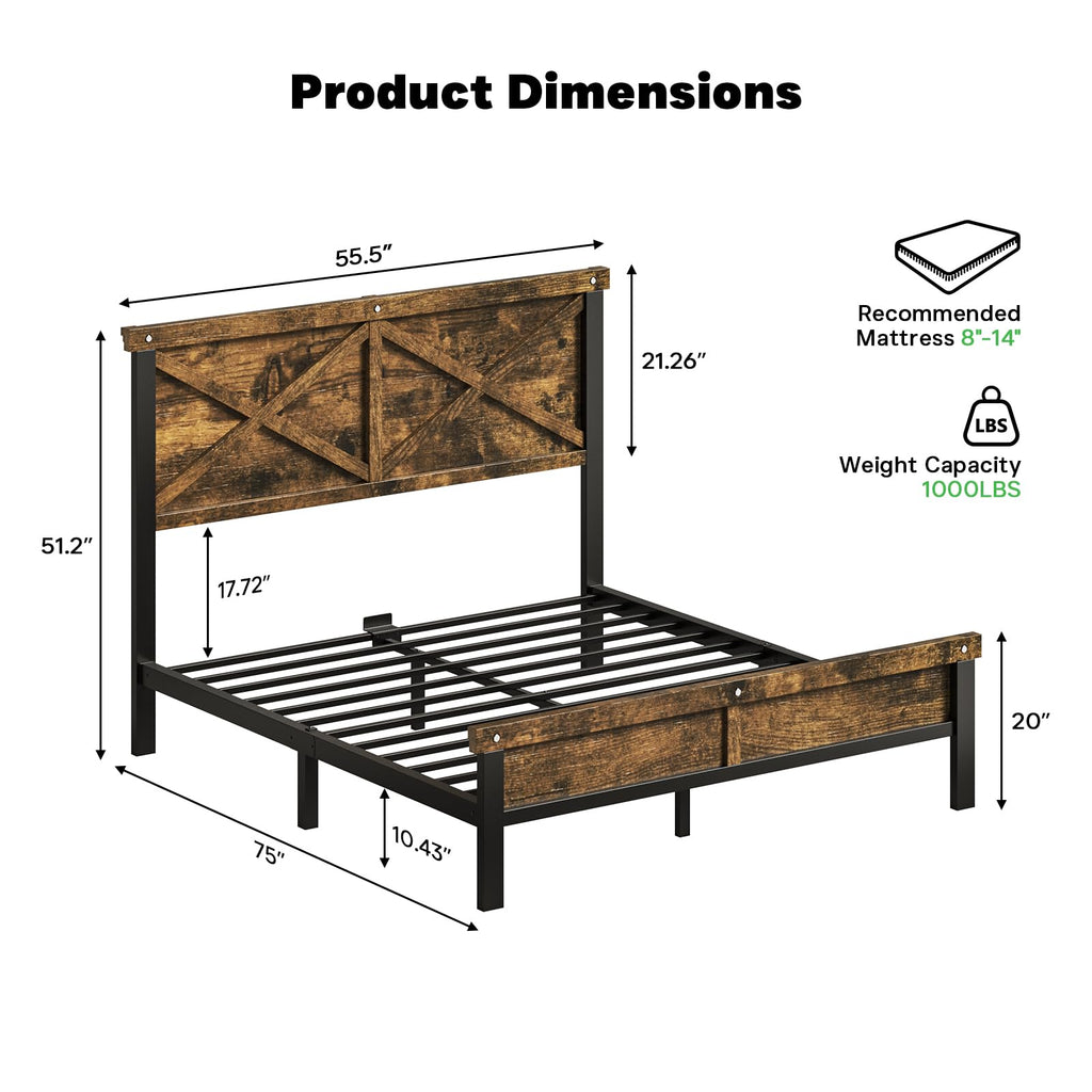 Farmhouse Bed Frame with 51" Tall Barn Door Headboard