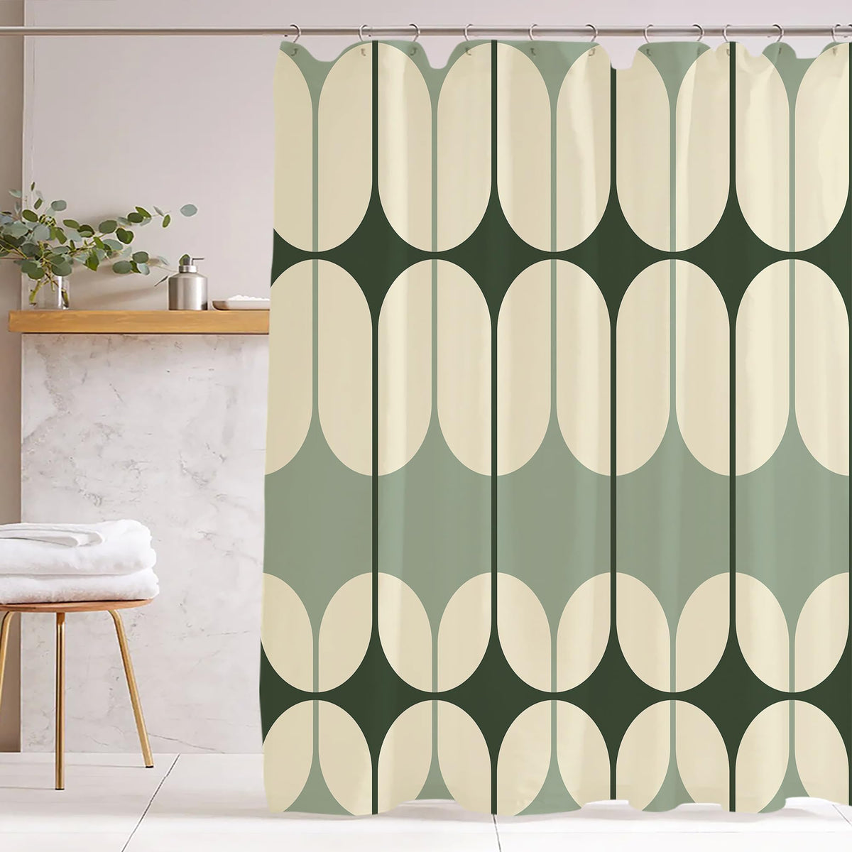 Boho Sage Green Shower Curtain Sets, Abstract Retro Geometric Shower Curtain, Morden Boho Bathroom Decor Bath