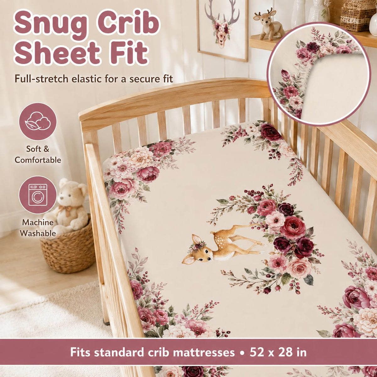 Baby Crib Bedding Set 3 Pcs - Patchwork Deer Crib Bedding Set for Girls - Floral Plaid Nursery Bed Sets Include Soft