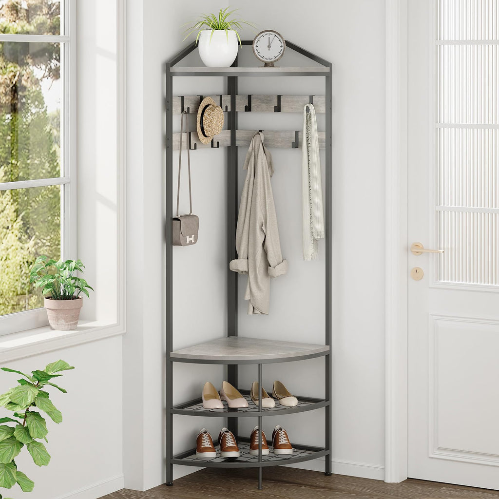 Grey Corner Hall Tree with Shoe Bench Entryway Coat Rack with 10 Metal Movable Hooks Rustic Farmhouse Floorstanding