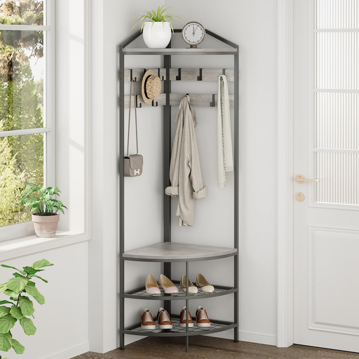 Grey Corner Hall Tree with Shoe Bench Entryway Coat Rack with 10 Metal Movable Hooks Rustic Farmhouse Floorstanding