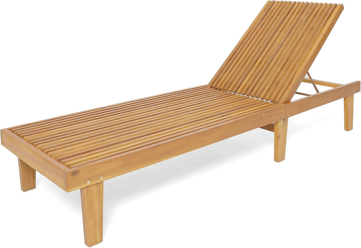Outdoor Chaise Lounge Chair, Acacia Wood Frame Sunbathing Pool Lounger with 5-Position Adjustable Backrest, Patio