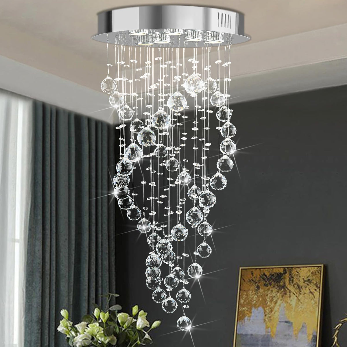 6-Light Modern Spiral Raindrop Crystal Chandelier for Dining Rooms and Foyers