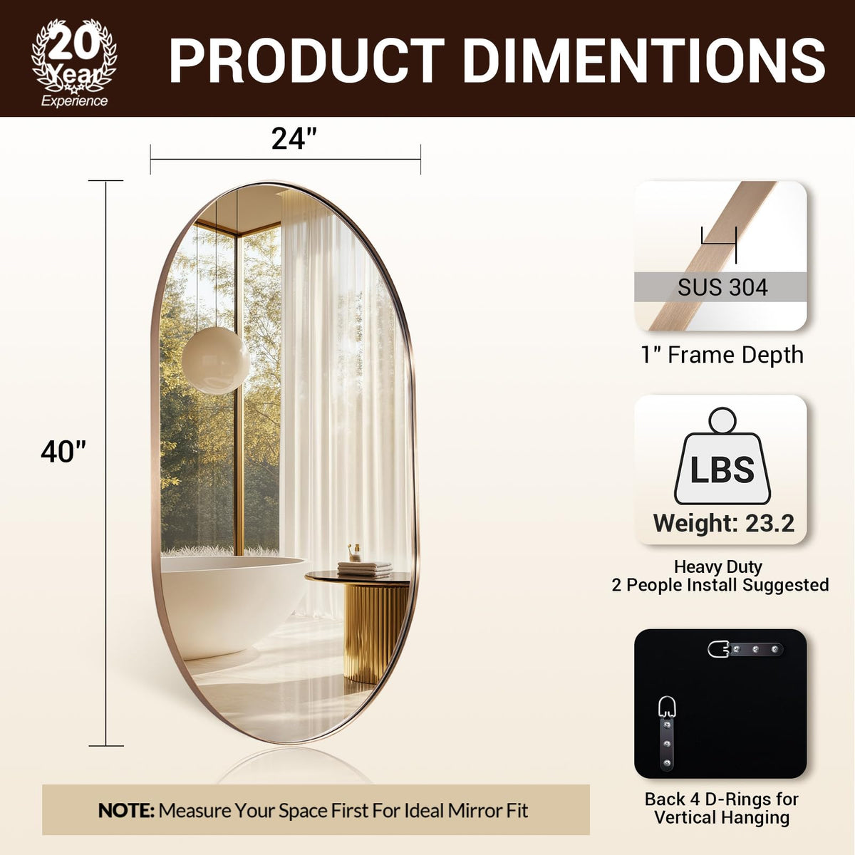 Contemporary 24x40 Champagne Bronze Oval Mirrors