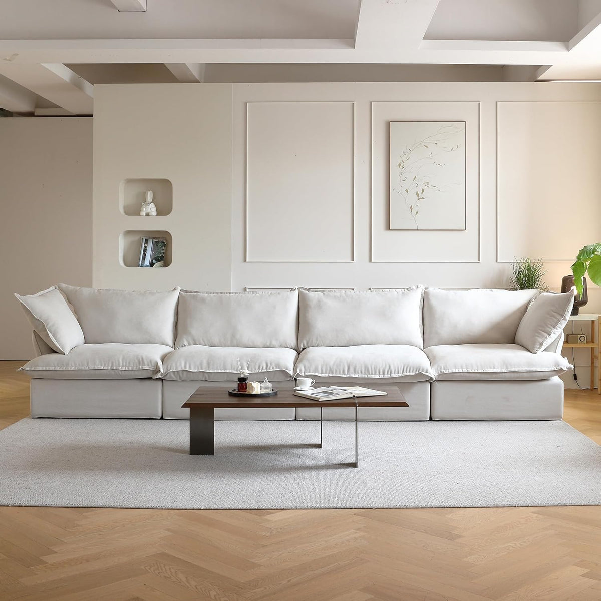 Modular Sectional Couches for Living Room, Deep 4 Seats 162" Sectional Sofa, Cushion Covers Removable, Two Corners and Two Middle, Sofas Furniture for Living Room, Beige