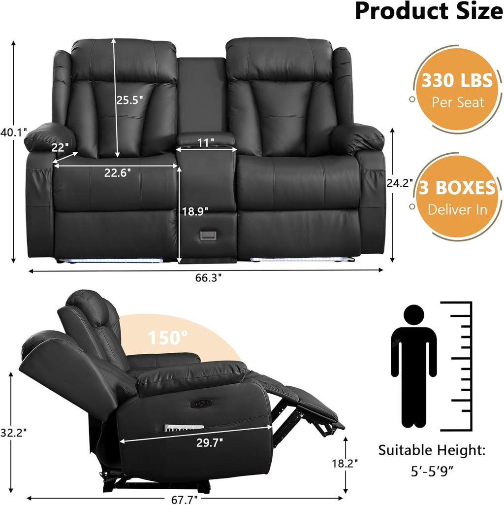 Power Recliner Loveseat Sofa with Console for Living Room, Home Theater Seating Seats with 4 Colors Ambient Lighting