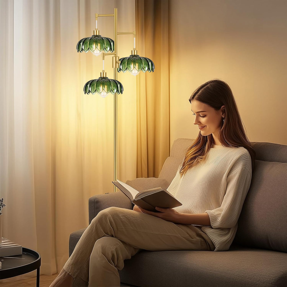 Vintage Floor Lamps Bedroom-3 Light Dimmable Gold Floor Lamp with Glass Lampshape, Flower Tall Lamp Modern Mid