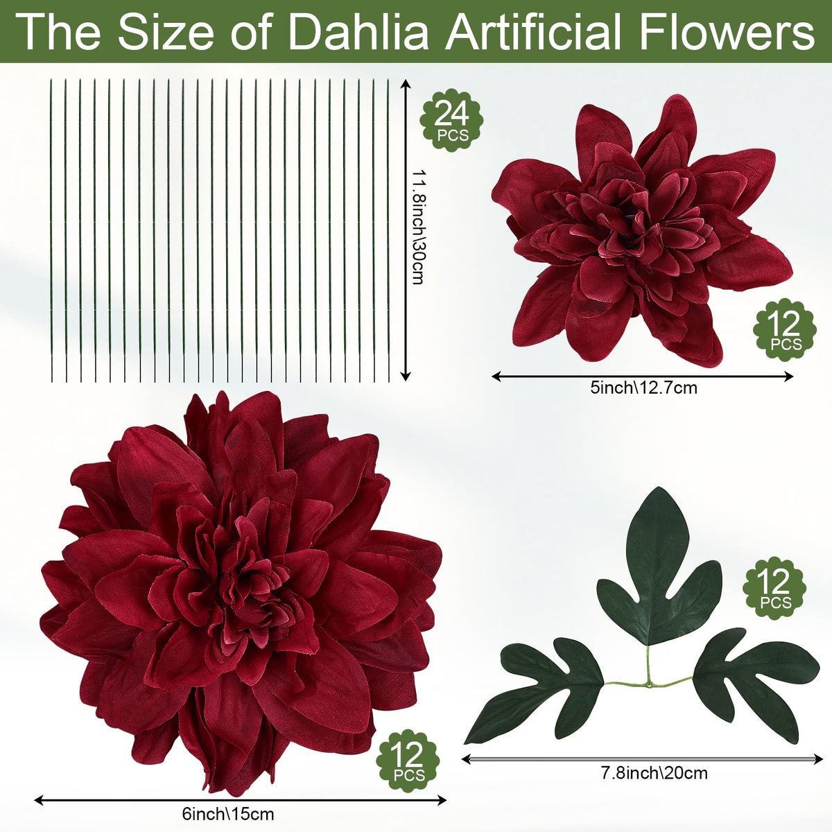 Burgundy Dahlia Artificial Flowers with Stems, 24 PCS, Silk