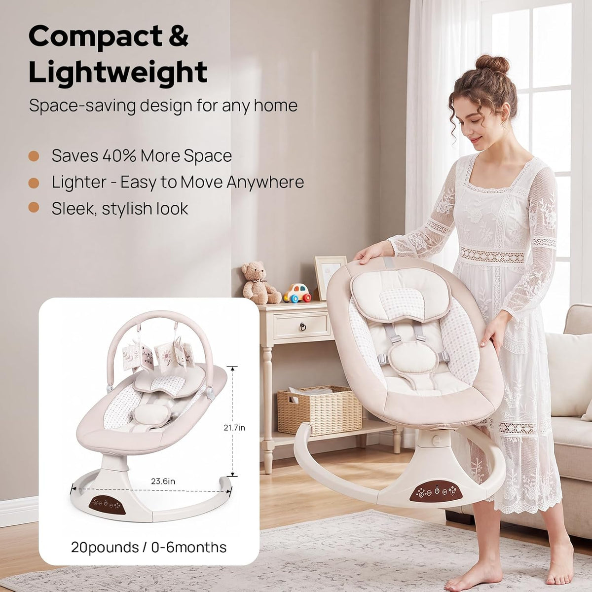 Swing - Electric Infant Swing with 5 Speeds, 12 Melodies, Timer & Portable Design for Newborns to Infants