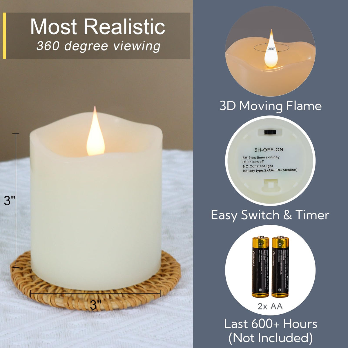 Flameless Candles Battery Operated with Remote Timer, 3D Moving Flame Flickering, Last 600+ Hours Battery Candles, 3"