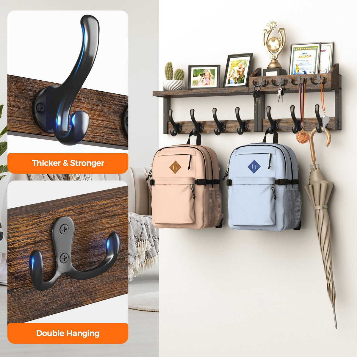 29" Coat Rack Wall Mount with Shelf, Rustic Brown