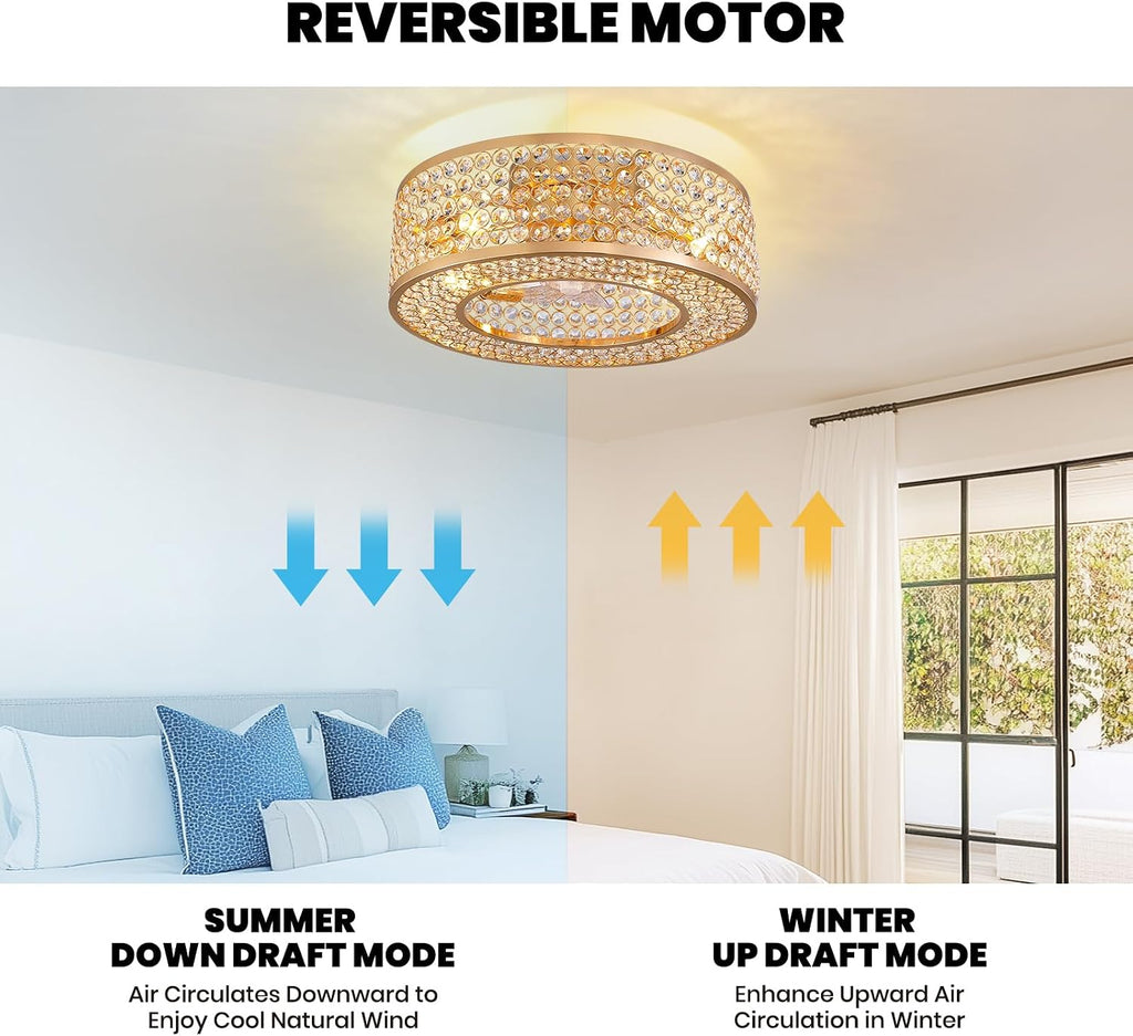 20" Gold Flush Mount Caged Crystal Ceiling Fan with Light