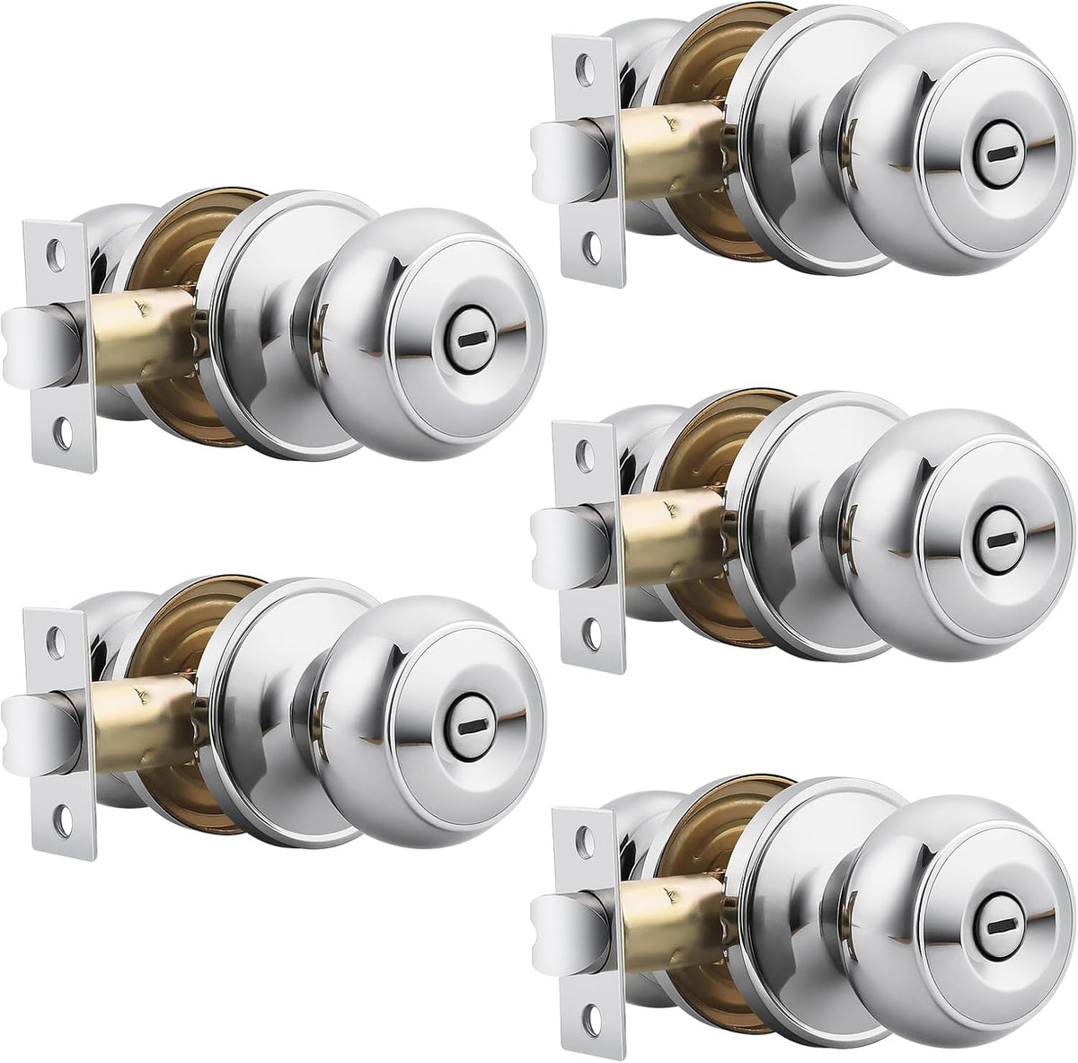 Polished Chrome Door Knobs - Interior Bedroom Door Handles with Privacy Lock, 5 Pack