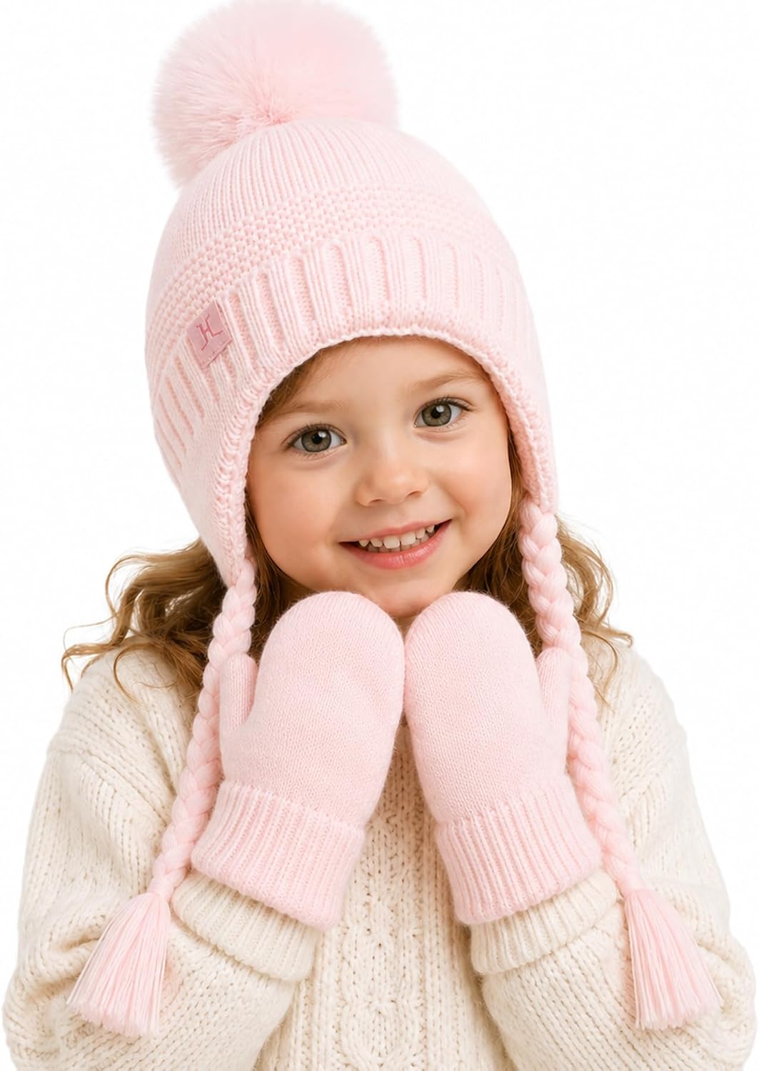 Baby Girl Winter Hat and Mittens Set, Wool Blend Pom Pom Beanie With Ear Flaps, For Infant Toddler Girls 0