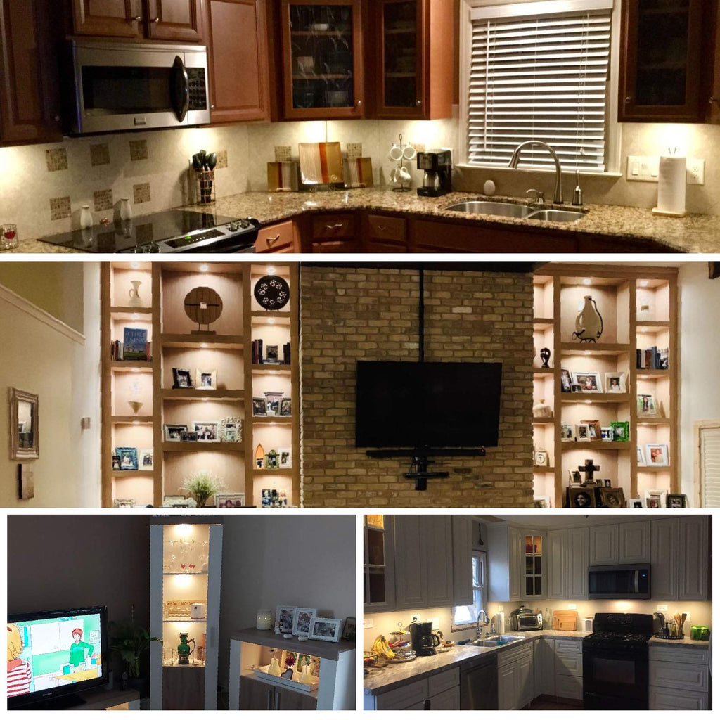 12V LED Under Cabinet Lighting Kit 3 Packs Slim Aluminum Puck Lights with 2-Way Switch All Accessories Included
